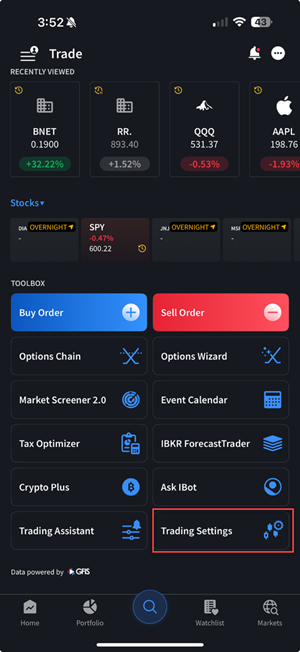 The trade settings menu on the iPhone. 